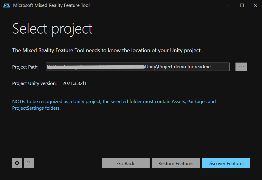 S&eacute;lection du projet dans MRTK