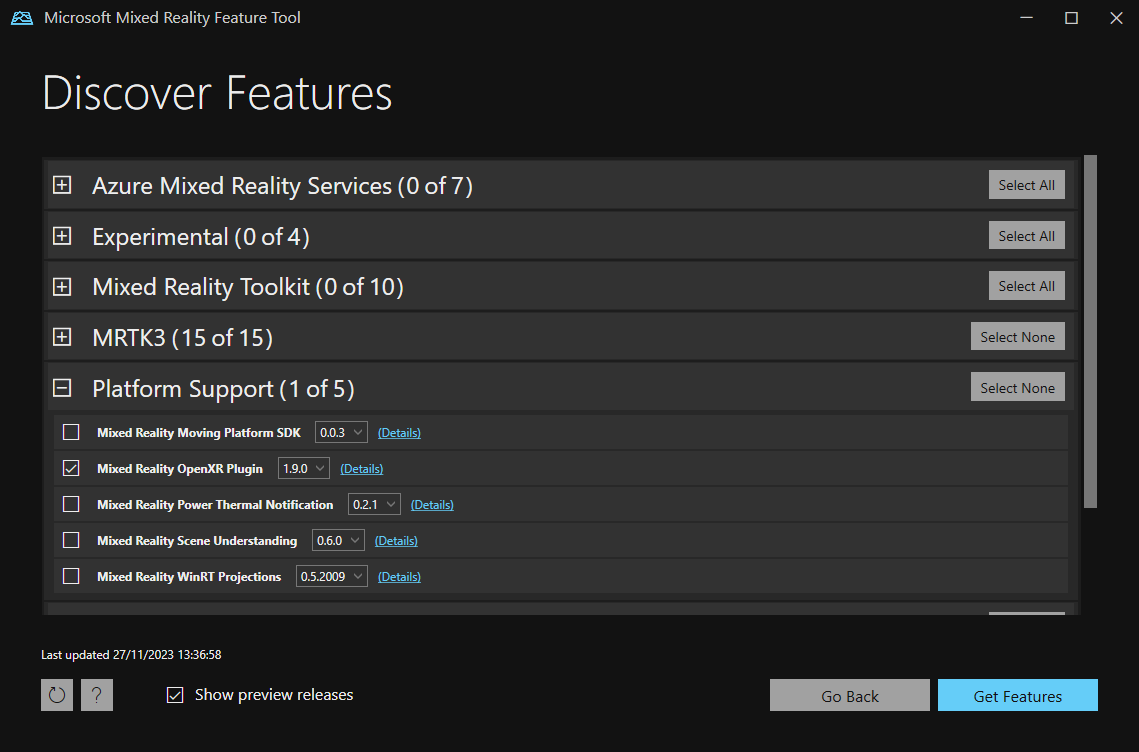 S&eacute;lection des plugins pour MRTK