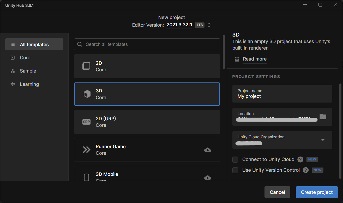 Page Unity 'New Project'